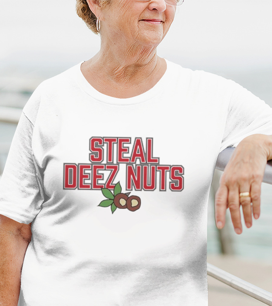 Steal Deez Nuts Christmas Humor Red Text With Hazelnuts And Leaves T-Shirt