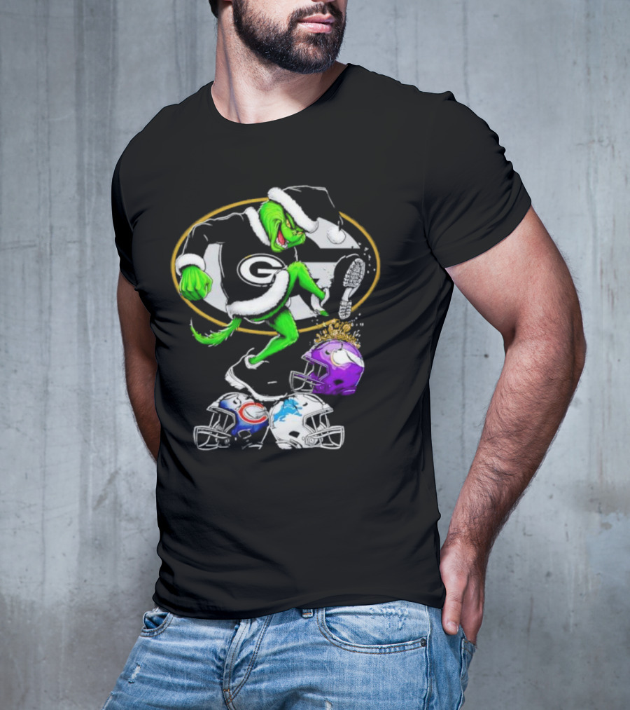 Green Bay Packers Grinch Santa Stepping On NFL Helmets Funny Christmas T-Shirt