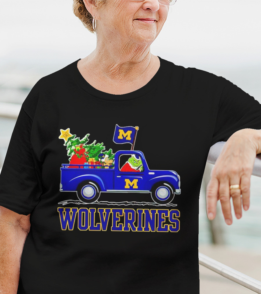 Grinch Driving Blue Wolverines Truck With Christmas Tree Michigan Football T-Shirt