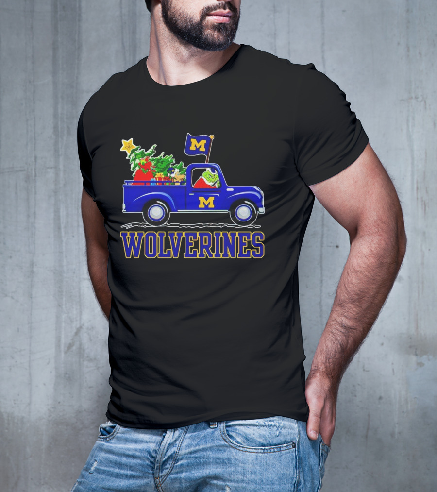 Grinch Driving Blue Wolverines Truck With Christmas Tree Michigan Football T-Shirt