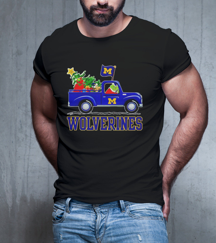 Grinch Driving Blue Wolverines Truck With Christmas Tree Michigan Football T-Shirt