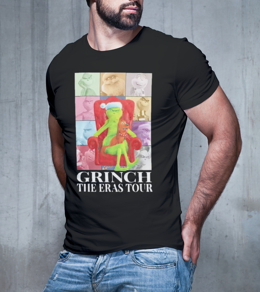 Grinch Christmas With Santa Hat Dog And Chair Icon Collage T-Shirt