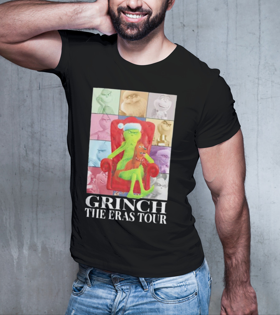 Grinch Christmas With Santa Hat Dog And Chair Icon Collage T-Shirt