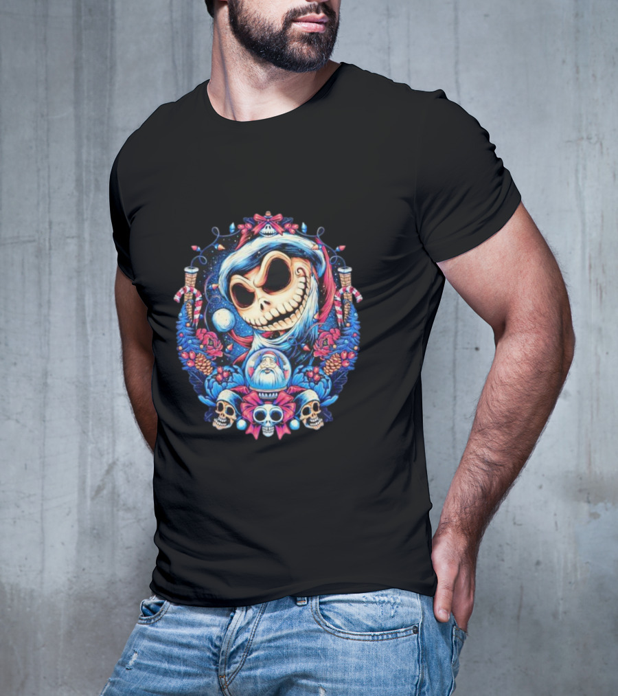 Jack Skellington Christmas Santa Skull Wreath Candy Cane Holiday T-Shirt