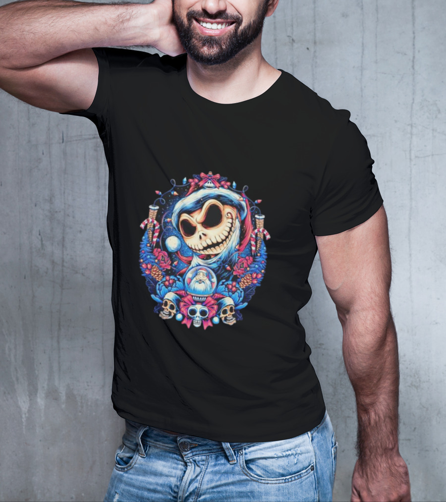 Jack Skellington Christmas Santa Skull Wreath Candy Cane Holiday T-Shirt