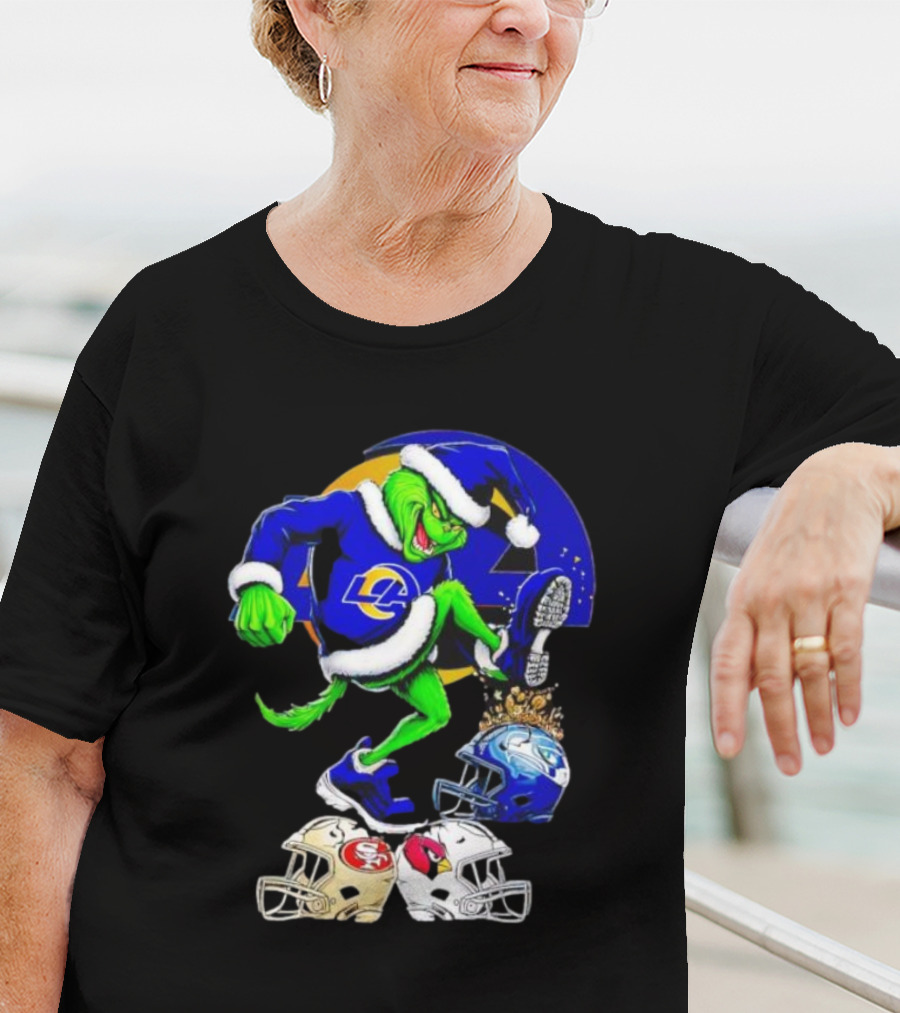 Los Angeles Rams Grinch Stomping NFL Helmets Christmas Funny Santa T-Shirt