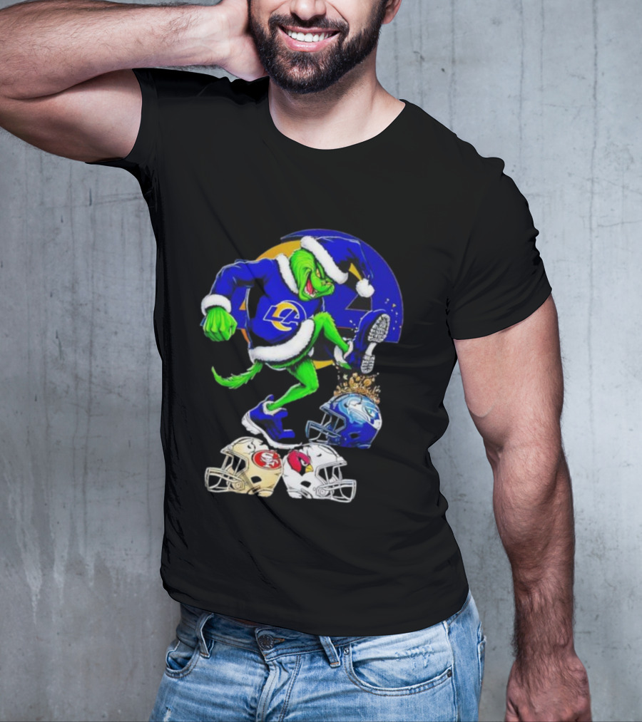 Los Angeles Rams Grinch Stomping NFL Helmets Christmas Funny Santa T-Shirt