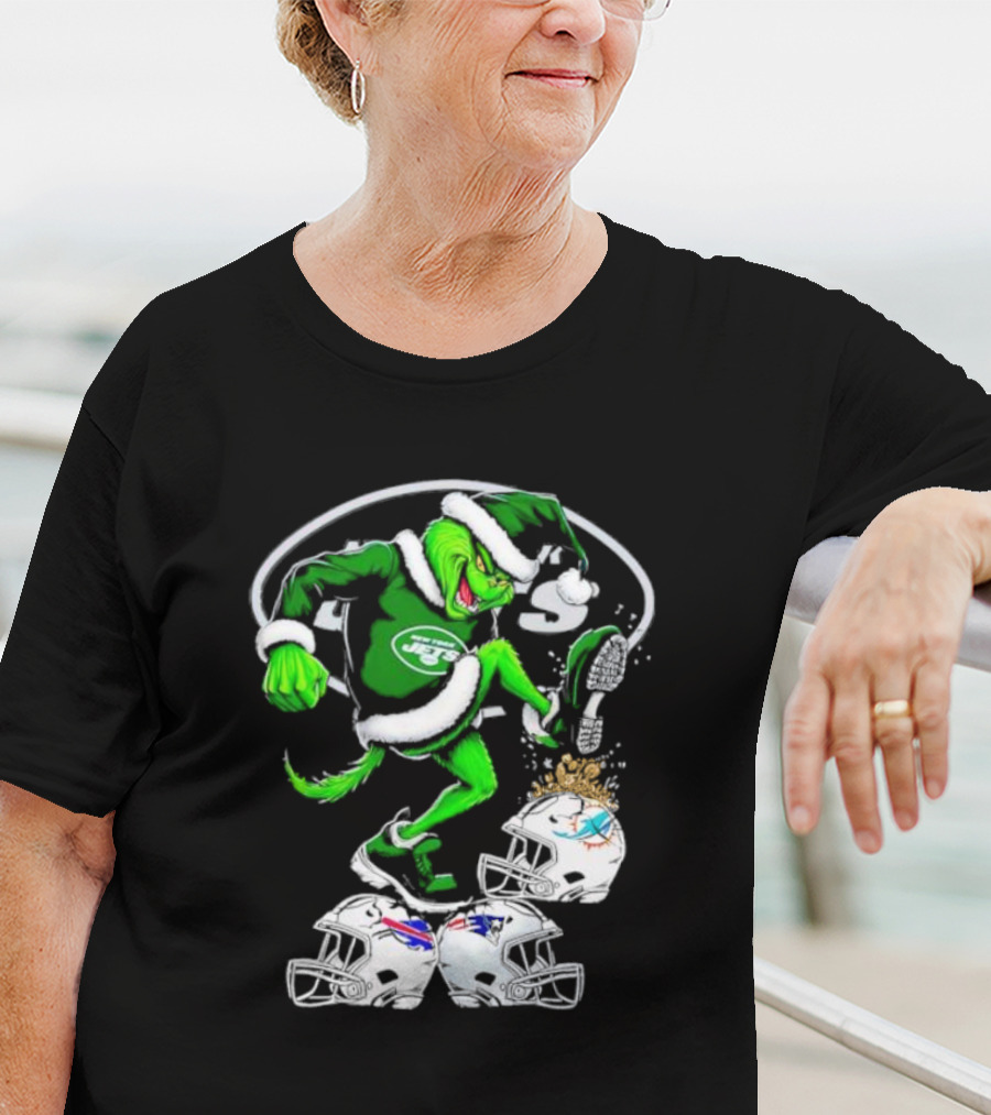 New York Jets Grinch Santa Stomping NFL Helmets Funny Christmas T-Shirt