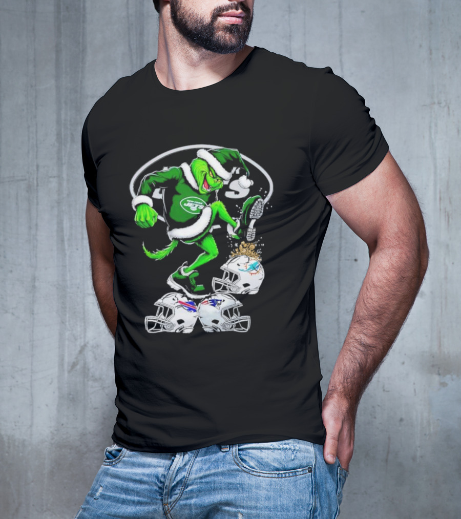 New York Jets Grinch Santa Stomping NFL Helmets Funny Christmas T-Shirt