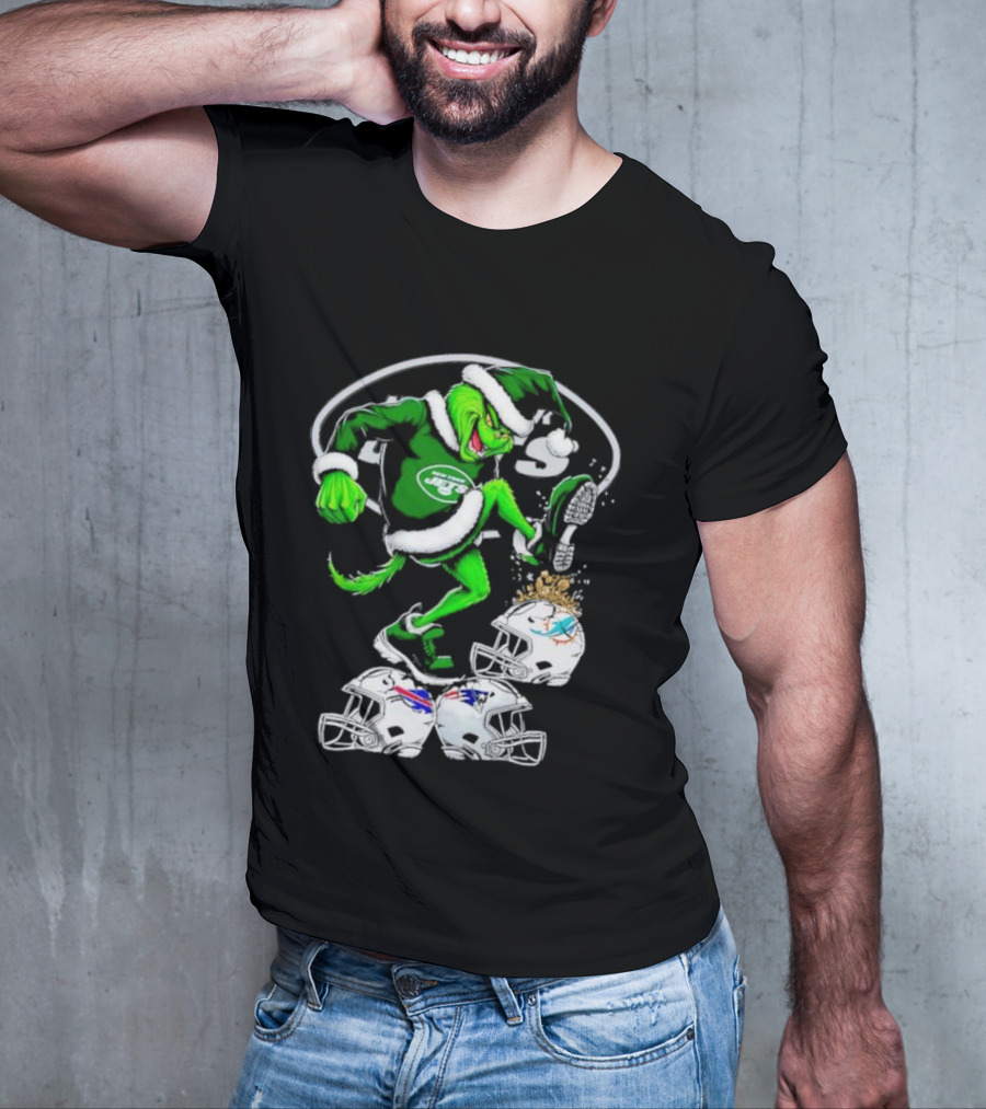 New York Jets Grinch Santa Stomping NFL Helmets Funny Christmas T-Shirt