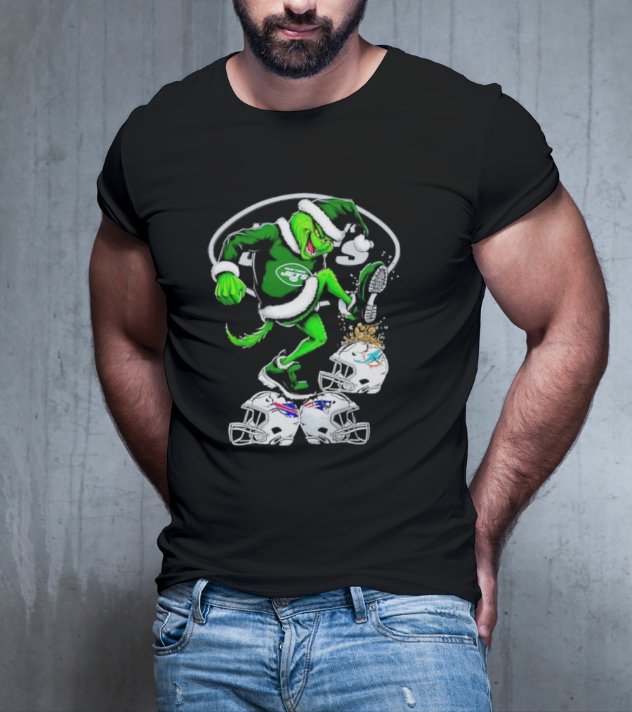 New York Jets Grinch Santa Stomping NFL Helmets Funny Christmas T-Shirt