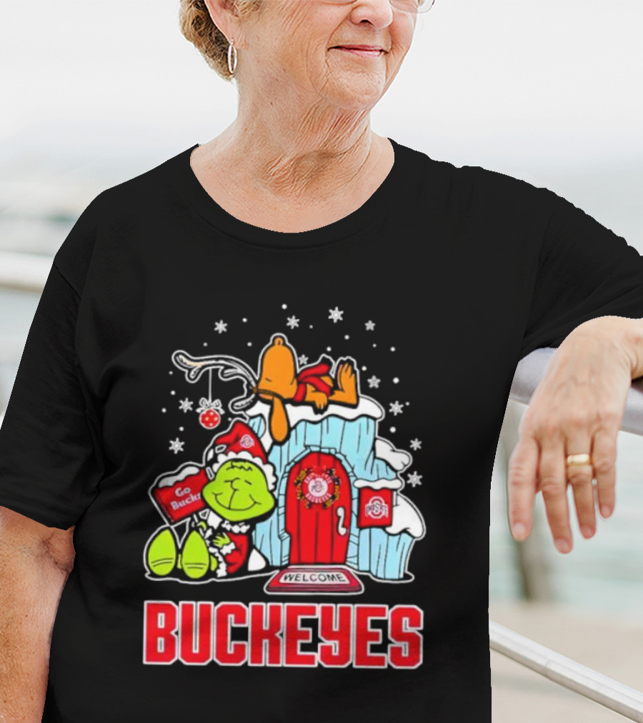 Peanuts Grinch Ohio State Buckeyes Go Bucs Merry Xmas Snoopy Woodstock T-Shirt