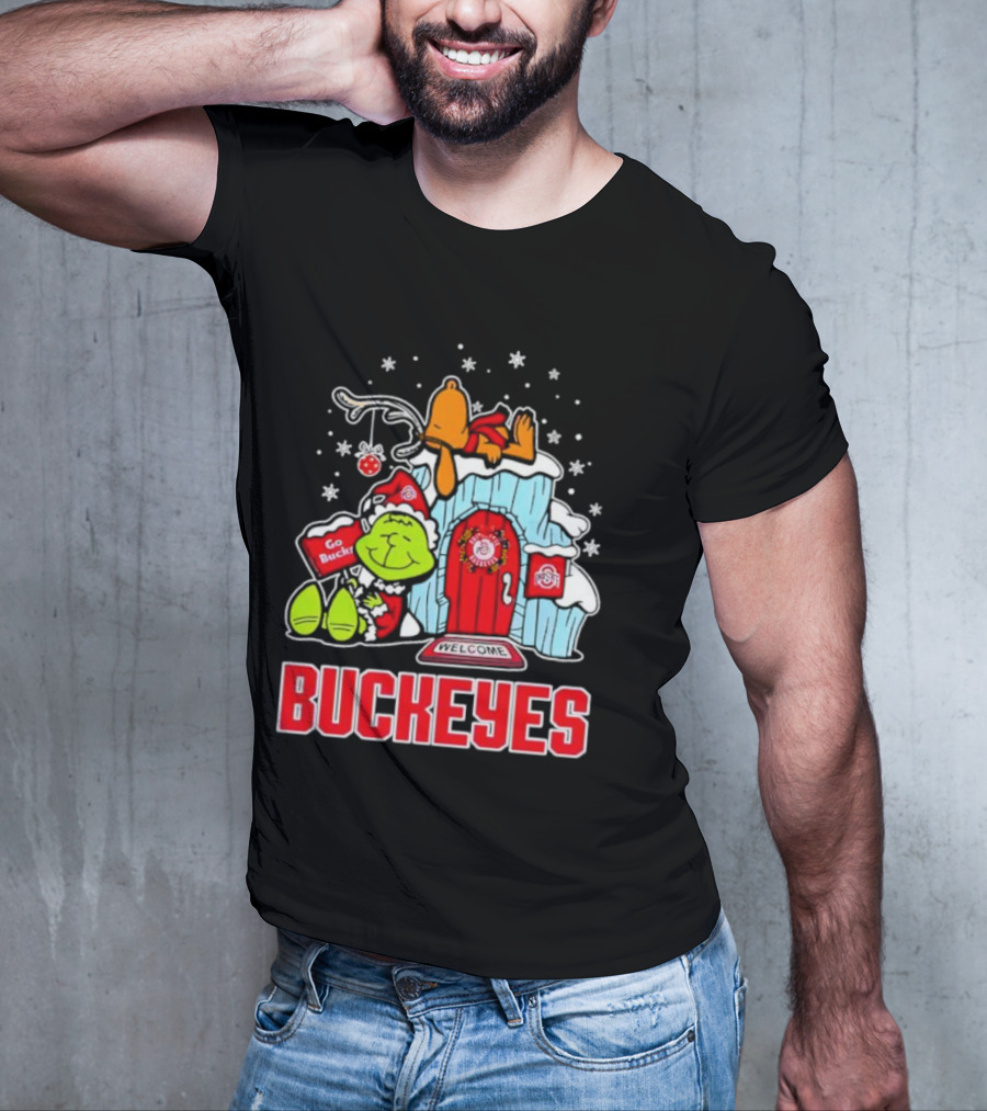 Peanuts Grinch Ohio State Buckeyes Go Bucs Merry Xmas Snoopy Woodstock T-Shirt