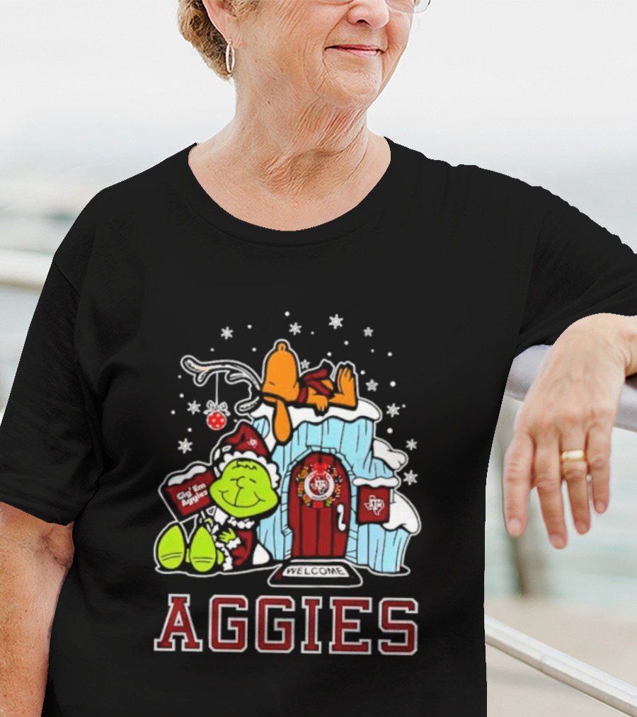 Peanuts Aggies Grinch Snoopy Christmas Hut Texas Holiday T-Shirt
