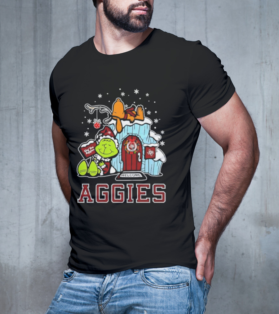 Peanuts Aggies Grinch Snoopy Christmas Hut Texas Holiday T-Shirt
