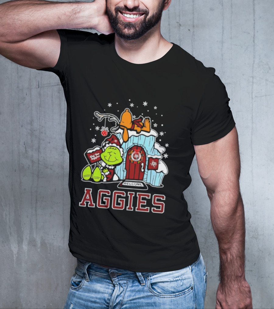 Peanuts Aggies Grinch Snoopy Christmas Hut Texas Holiday T-Shirt