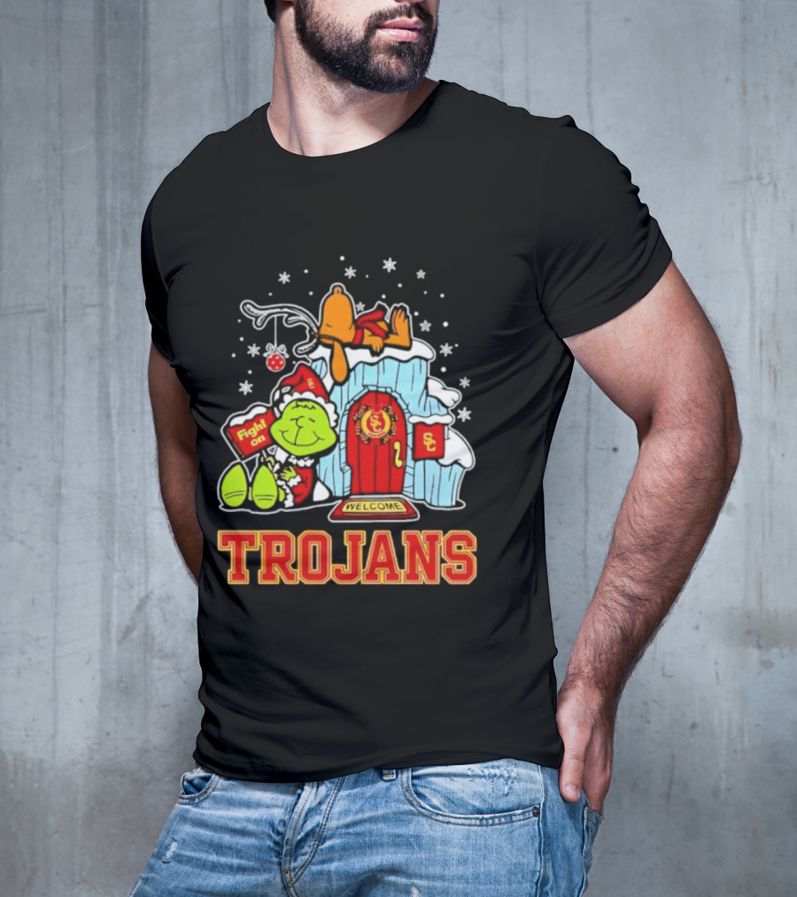 Peanuts USC Trojans Grinch Snoopy Christmas Fight On Welcome T-Shirt