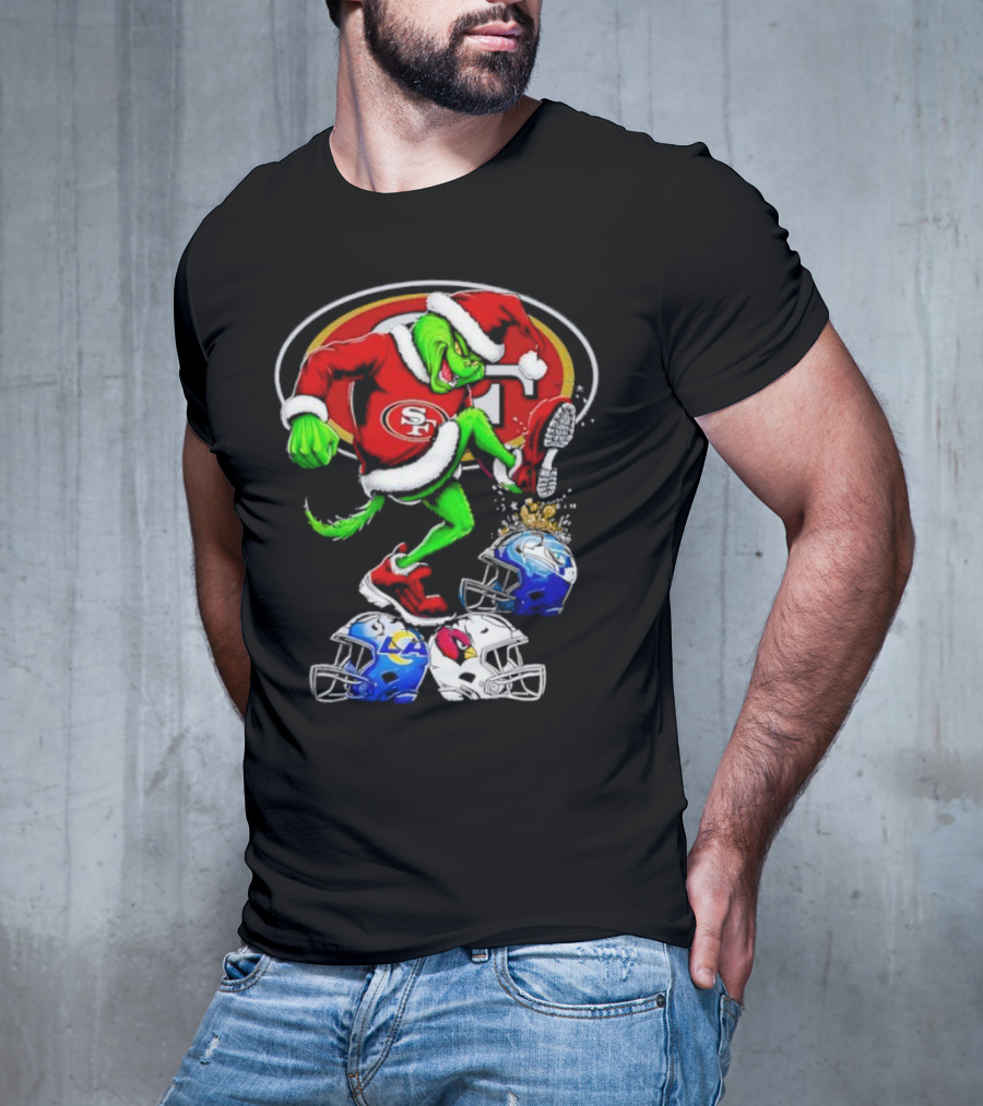 San Francisco 49ers Grinch In Santa Suit Stomps NFL Helmets Rams Cardinals Christmas T-Shirt