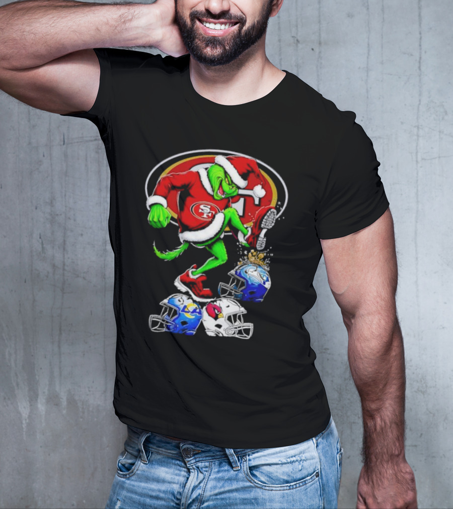 San Francisco 49ers Grinch In Santa Suit Stomps NFL Helmets Rams Cardinals Christmas T-Shirt