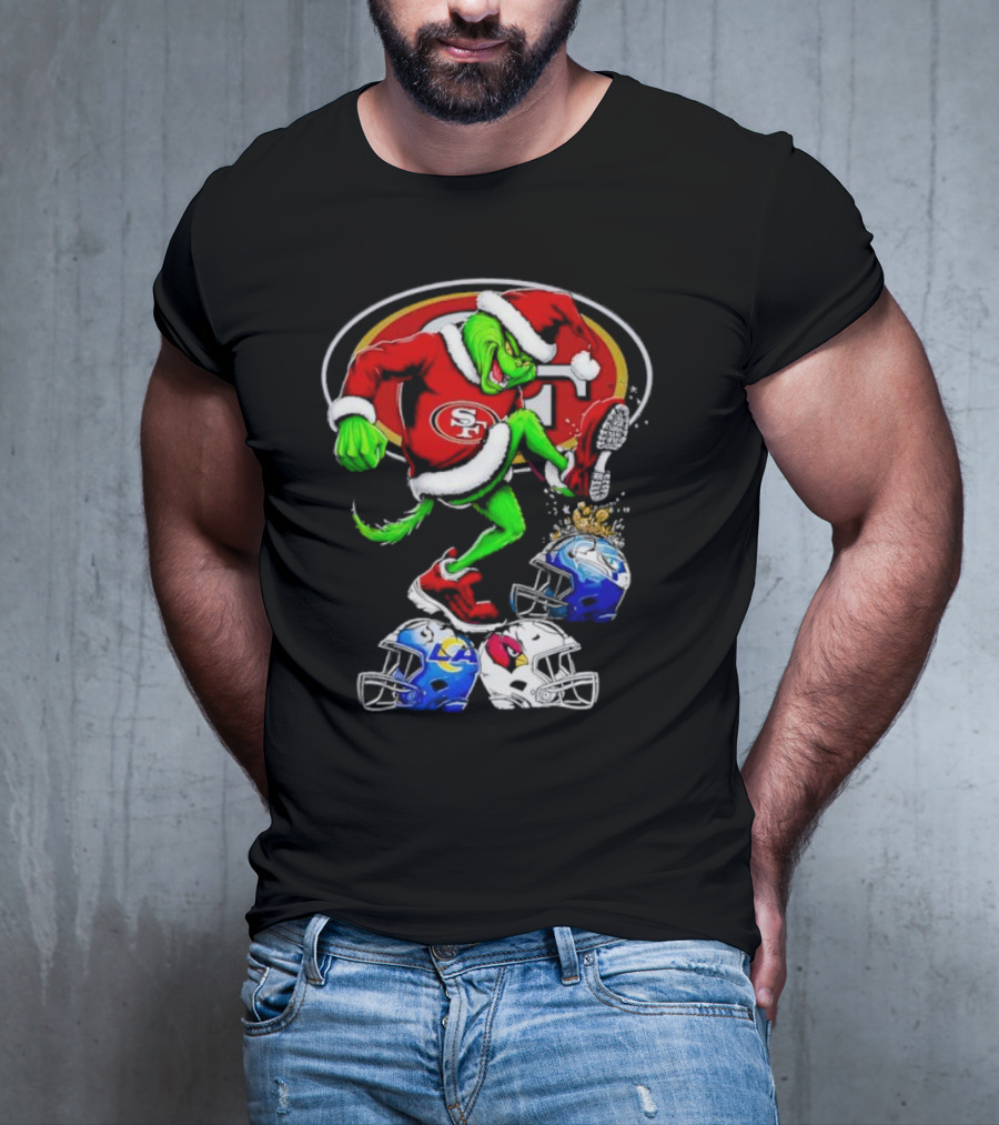 San Francisco 49ers Grinch In Santa Suit Stomps NFL Helmets Rams Cardinals Christmas T-Shirt