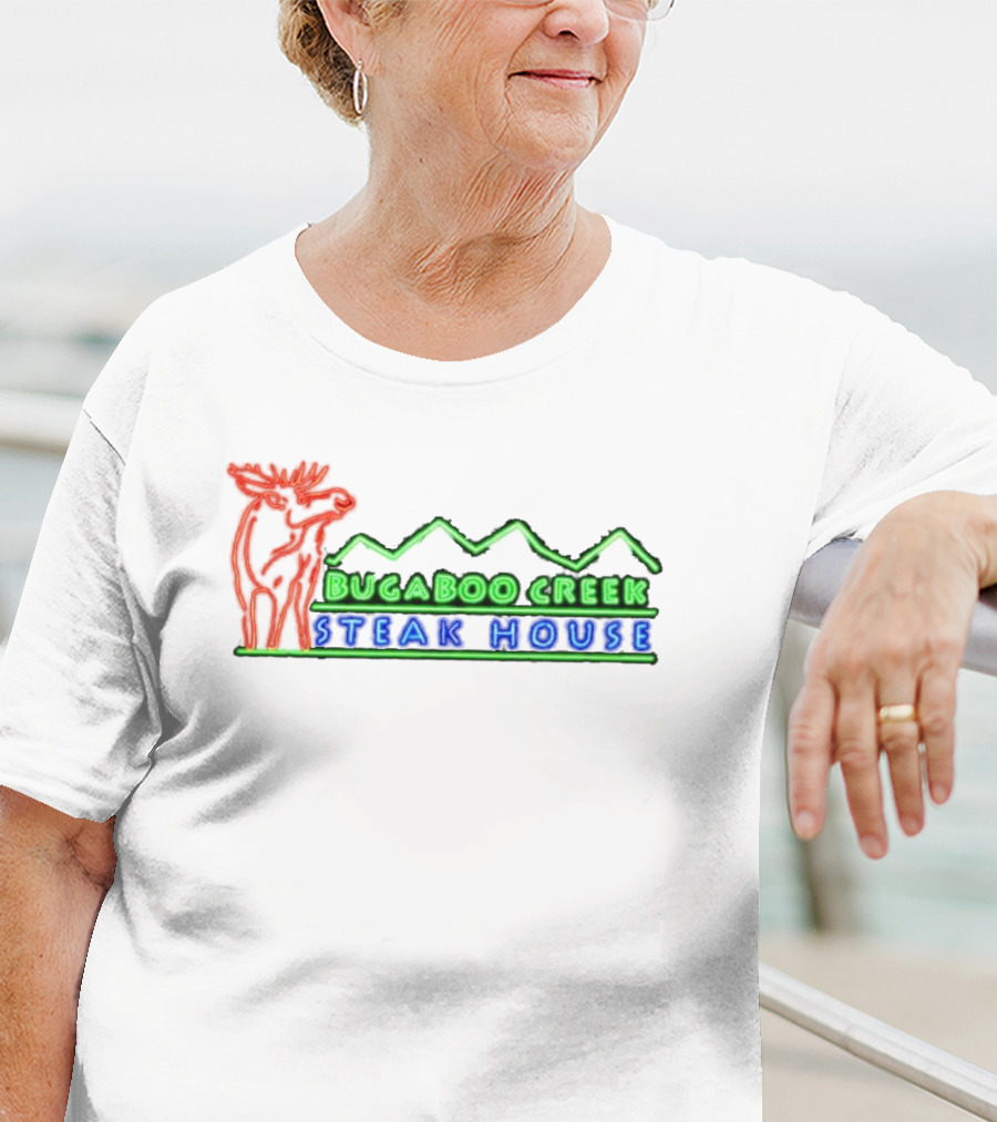 Bugaboo Creek Steakhouse Neon Logo With Moose And Mountain T-Shirt