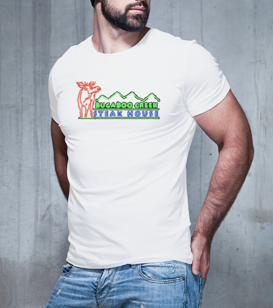 Bugaboo Creek Steakhouse Neon Logo With Moose And Mountain T-Shirt