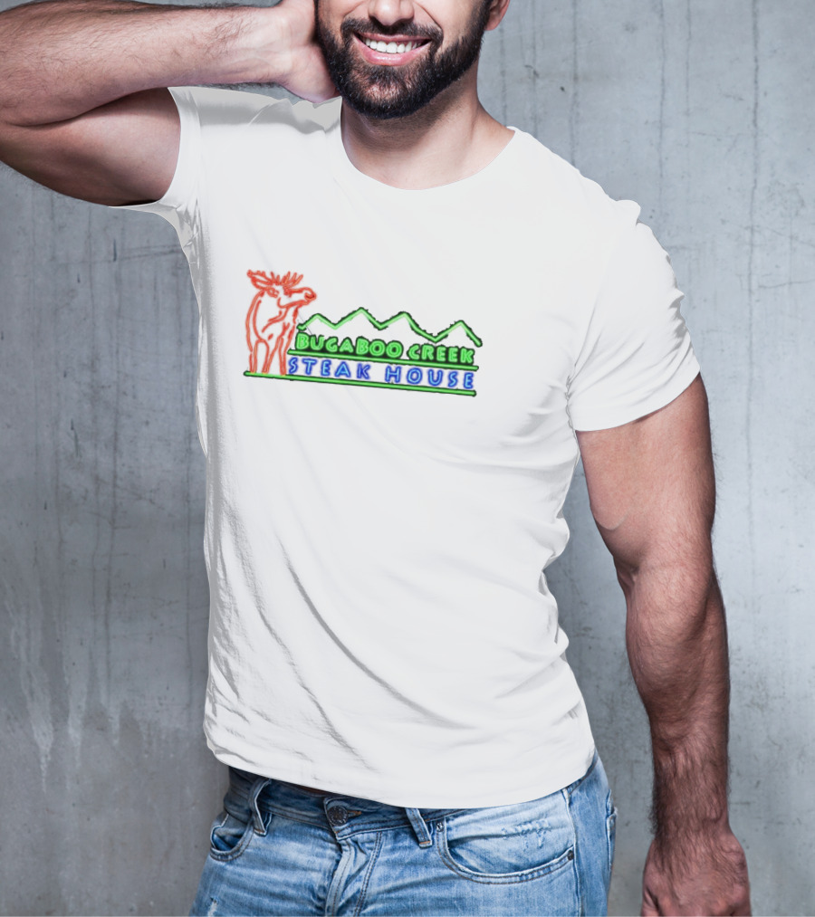 Bugaboo Creek Steakhouse Neon Logo With Moose And Mountain T-Shirt