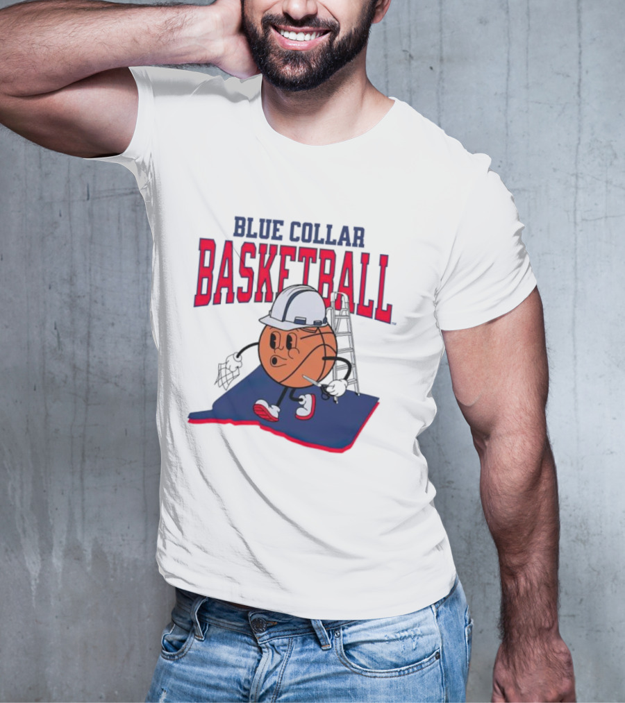 Blue Collar Basketball Hard Hat Hoop Cartoon T-Shirt