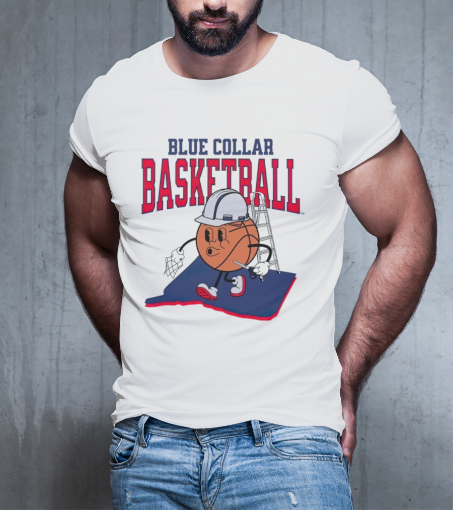 Blue Collar Basketball Hard Hat Hoop Cartoon T-Shirt