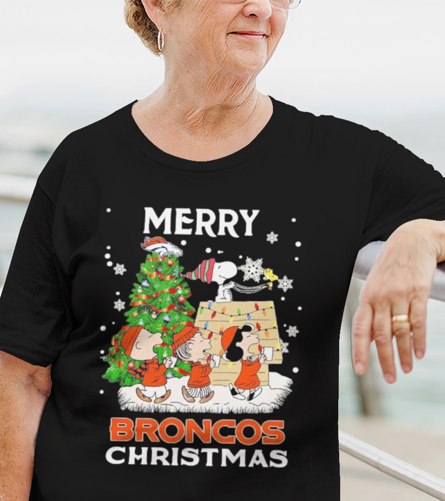 Merry Broncos Christmas Peanuts Characters T-Shirt