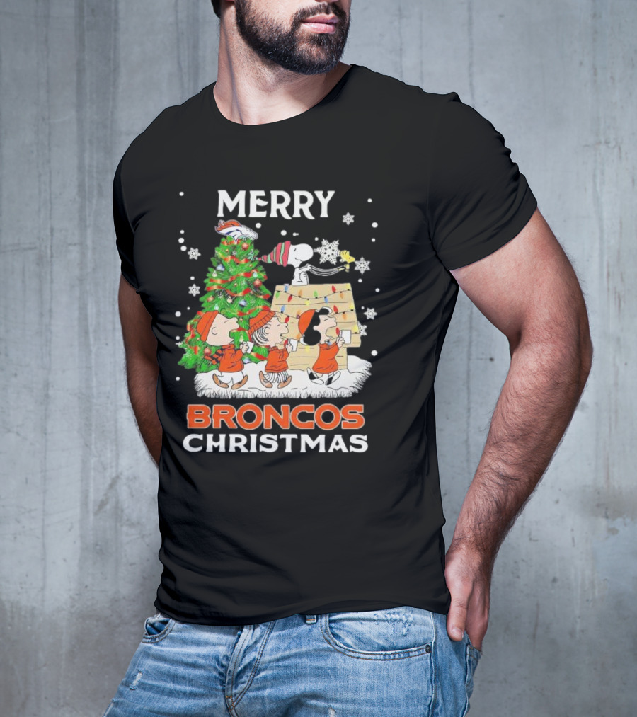 Merry Broncos Christmas Peanuts Characters T-Shirt