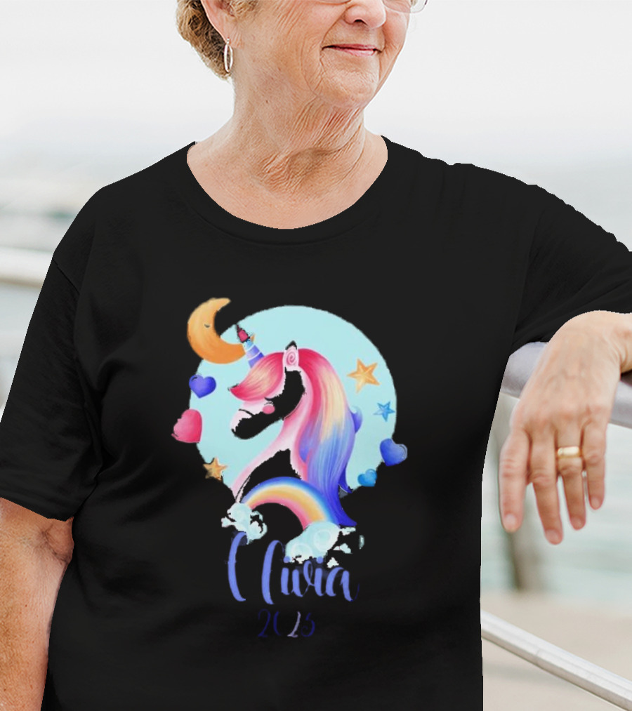 Olivia 2025 Rainbow Unicorn Hearts And Stars Christmas T-Shirt