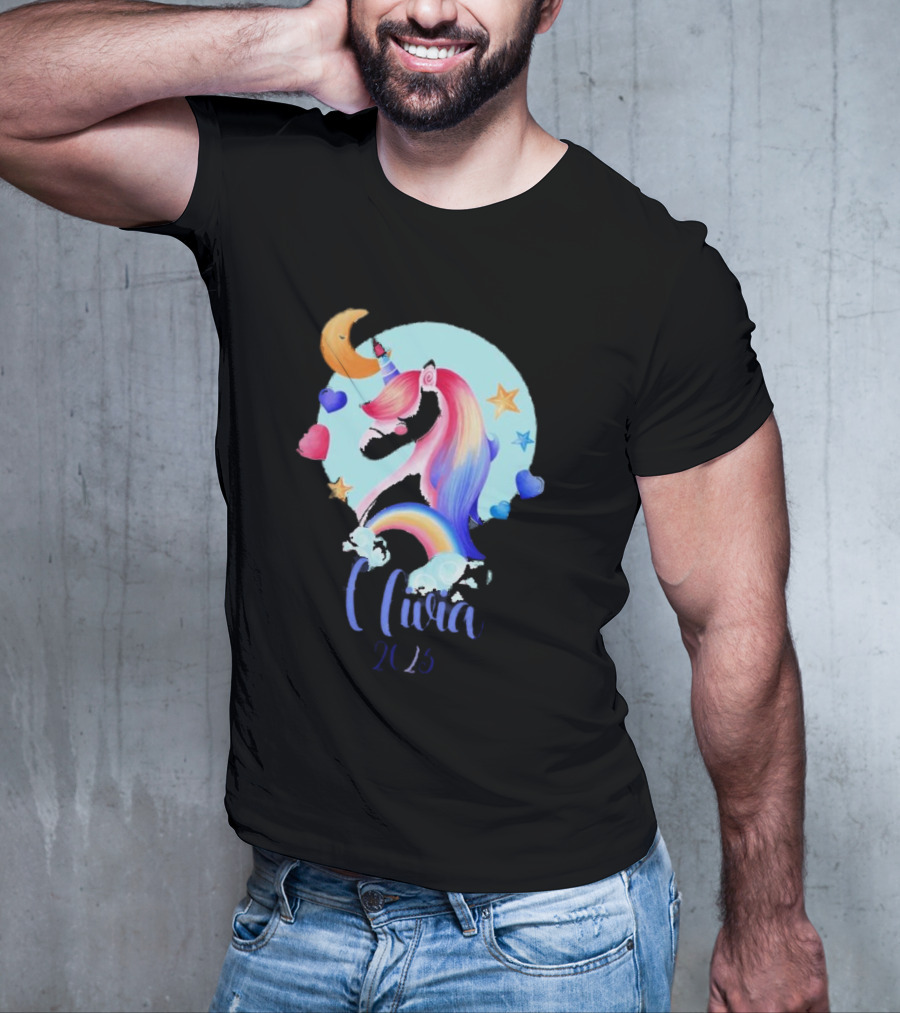 Olivia 2025 Rainbow Unicorn Hearts And Stars Christmas T-Shirt
