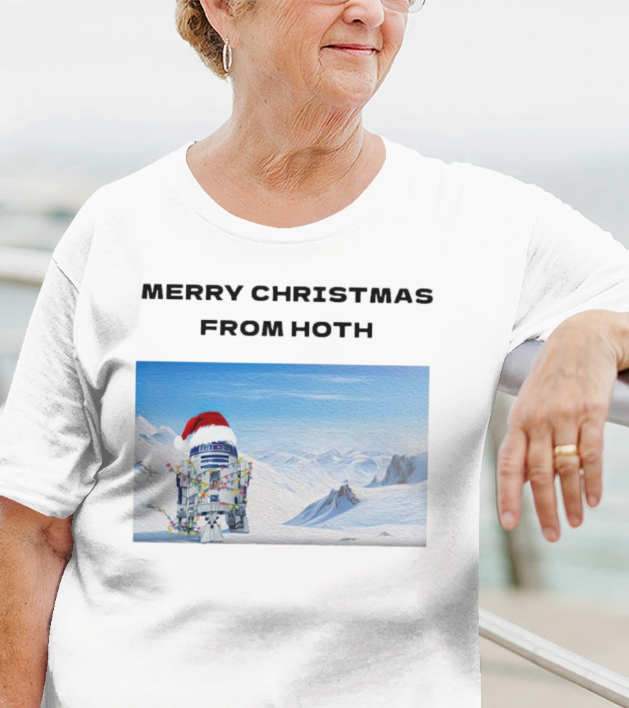 R2-D2 Merry Christmas From Hoth Santa Hat Lights Snowy Scene T-Shirt