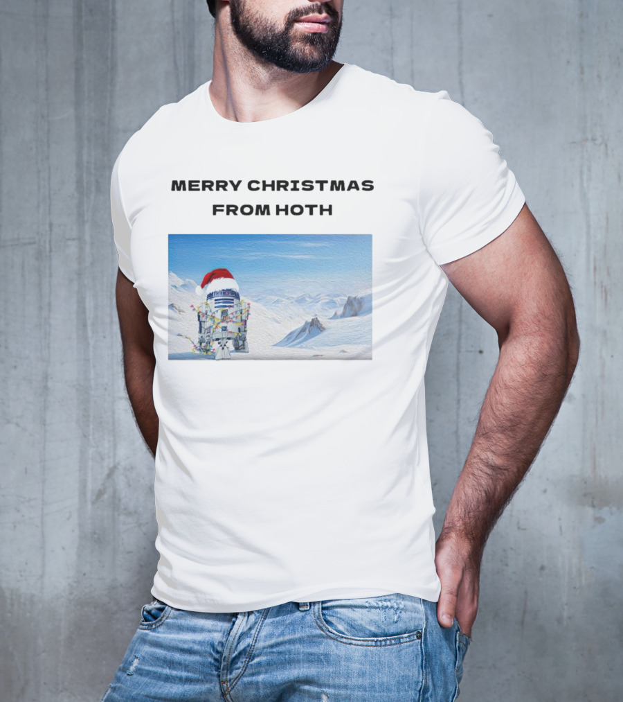 R2-D2 Merry Christmas From Hoth Santa Hat Lights Snowy Scene T-Shirt