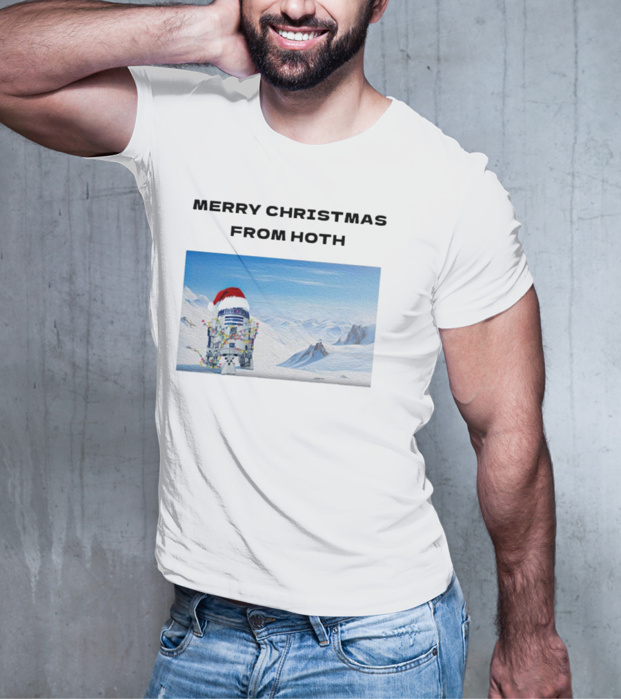 R2-D2 Merry Christmas From Hoth Santa Hat Lights Snowy Scene T-Shirt