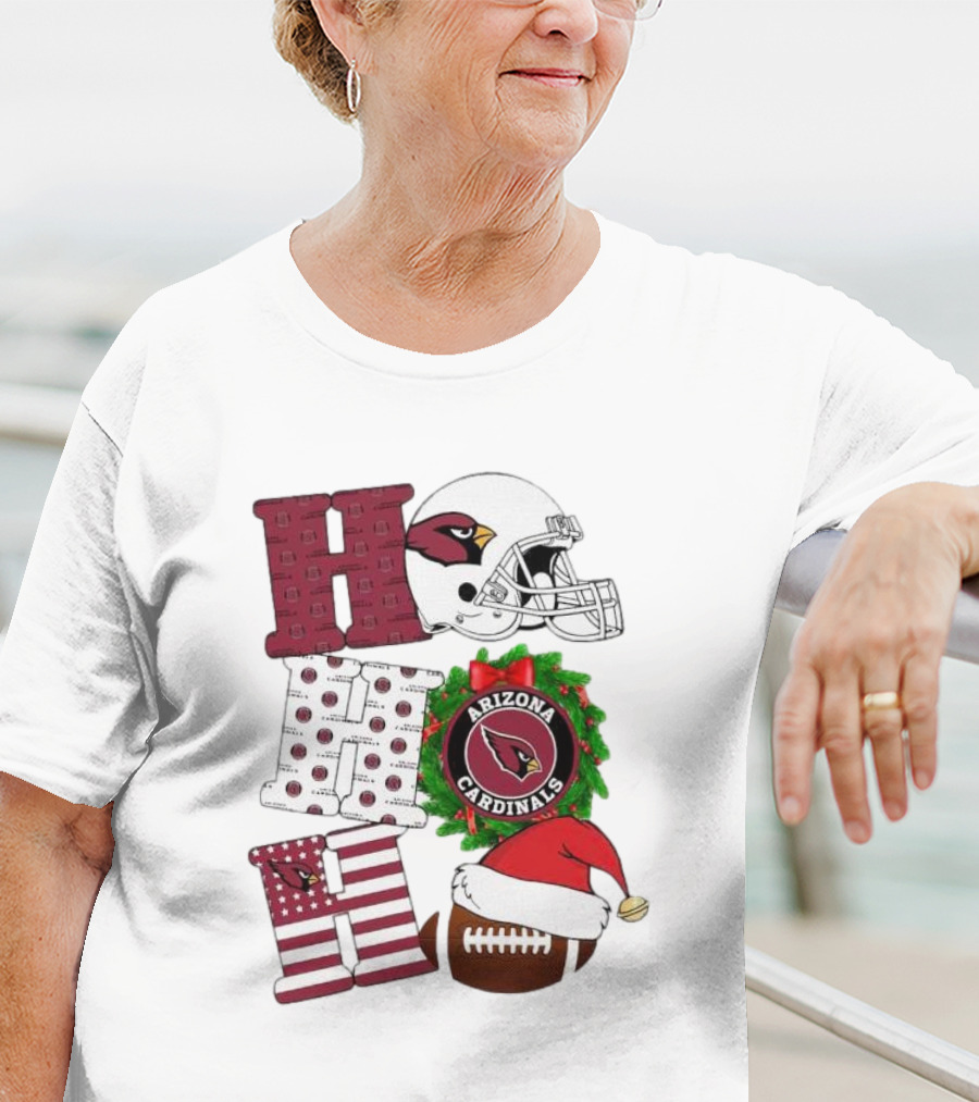 Arizona Cardinals Helmet Wreath Football Ho Ho Ho Merry Christmas T-Shirt