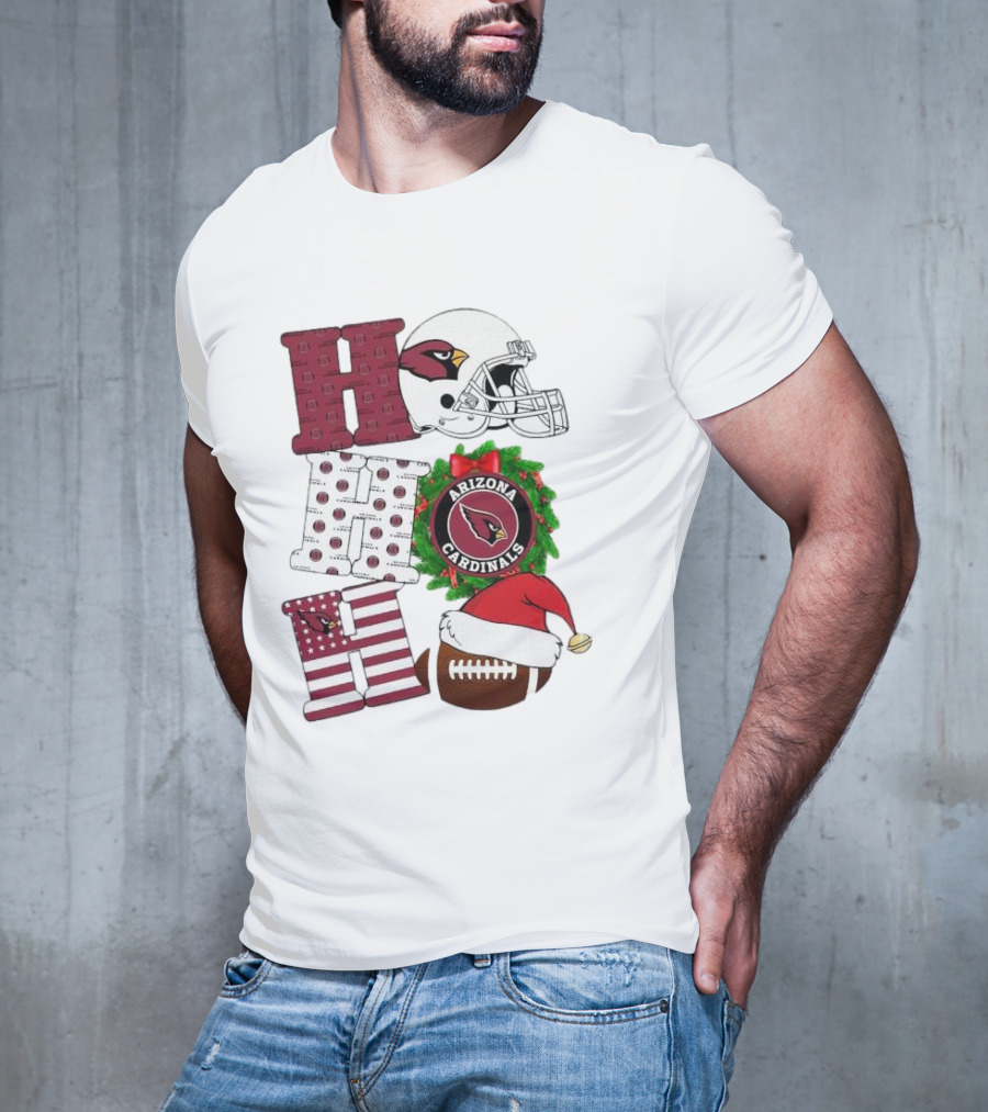 Arizona Cardinals Helmet Wreath Football Ho Ho Ho Merry Christmas T-Shirt