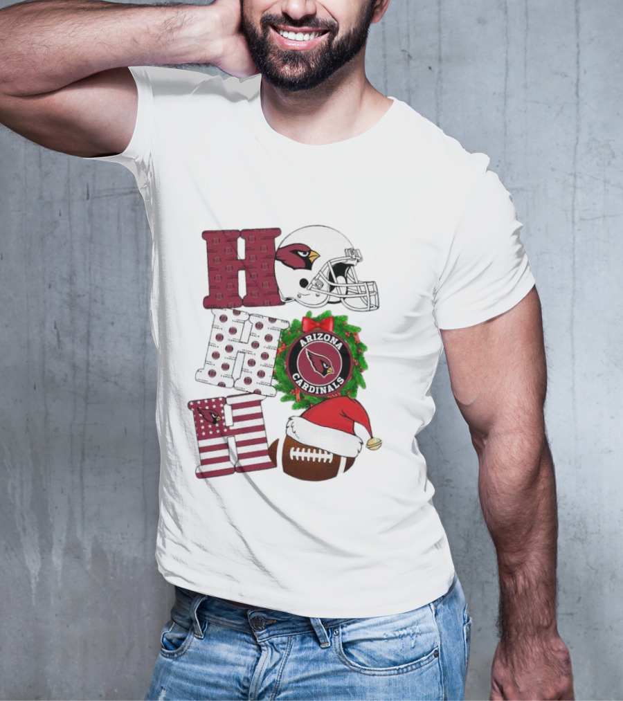 Arizona Cardinals Helmet Wreath Football Ho Ho Ho Merry Christmas T-Shirt
