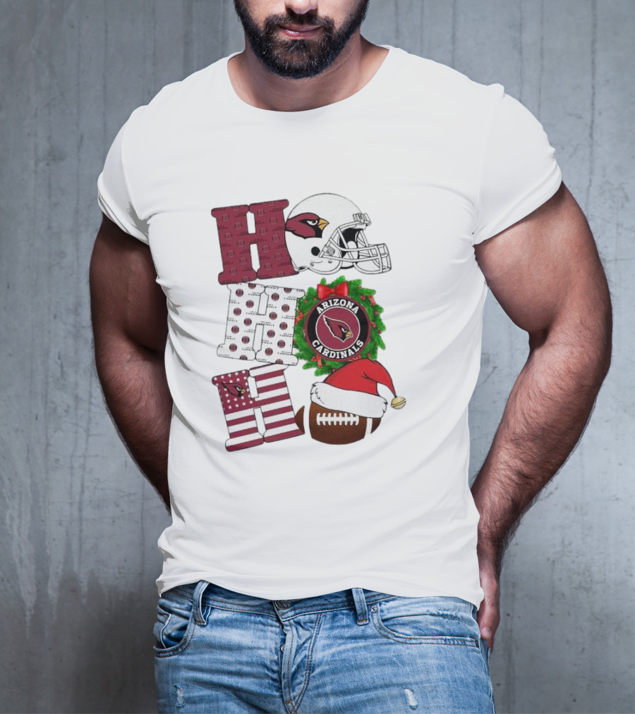 Arizona Cardinals Helmet Wreath Football Ho Ho Ho Merry Christmas T-Shirt