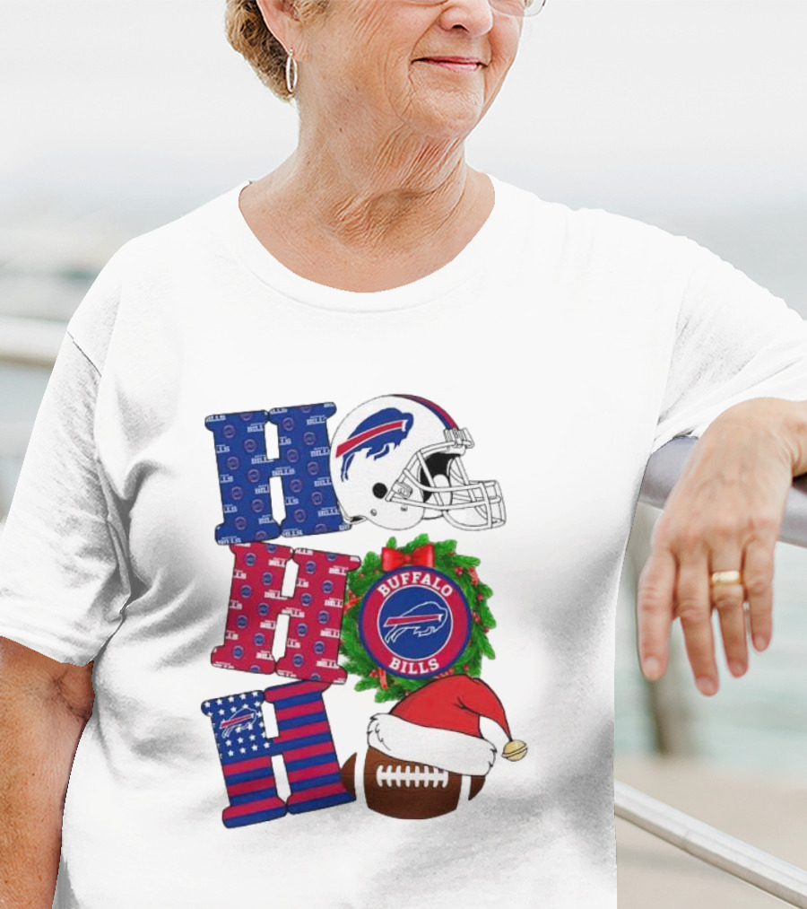 Buffalo Bills Helmet Wreath Football Santa Hat Ho Ho Ho Merry Christmas T-Shirt