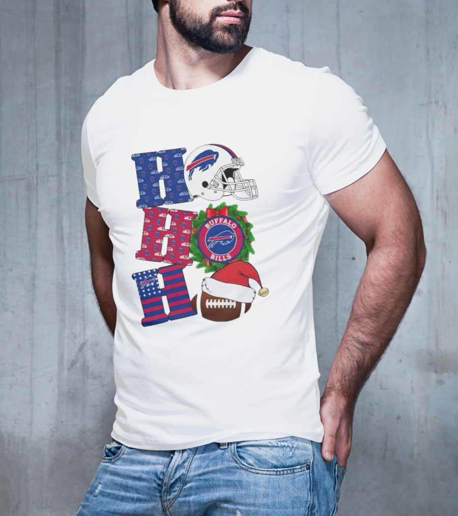 Buffalo Bills Helmet Wreath Football Santa Hat Ho Ho Ho Merry Christmas T-Shirt
