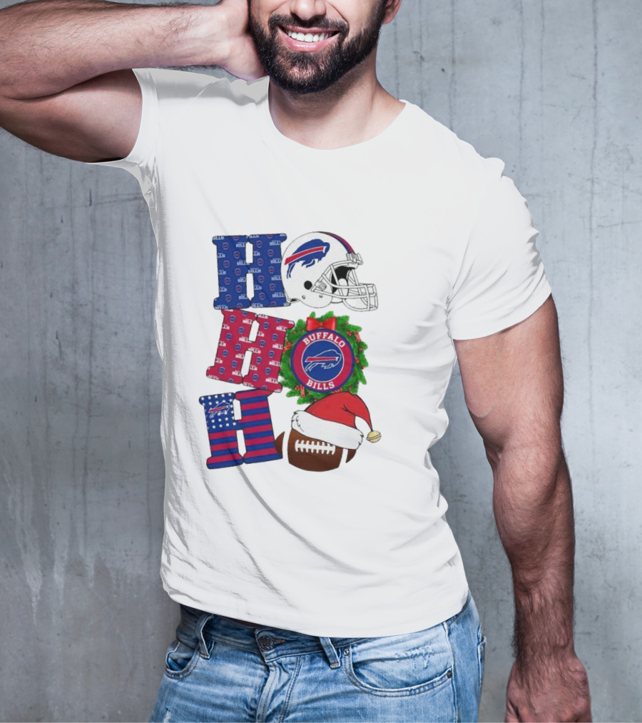 Buffalo Bills Helmet Wreath Football Santa Hat Ho Ho Ho Merry Christmas T-Shirt