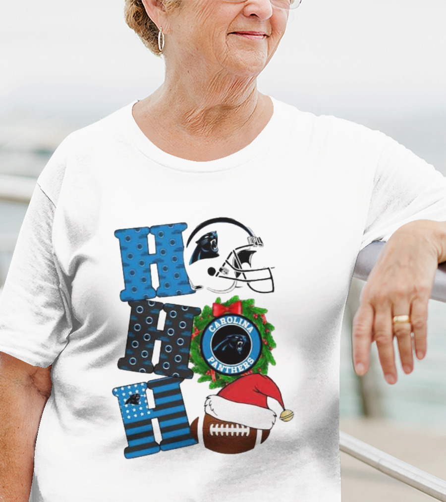 Carolina Panthers Ho Ho Ho Merry Christmas Football Helmet Wreath Santa Hat T-Shirt