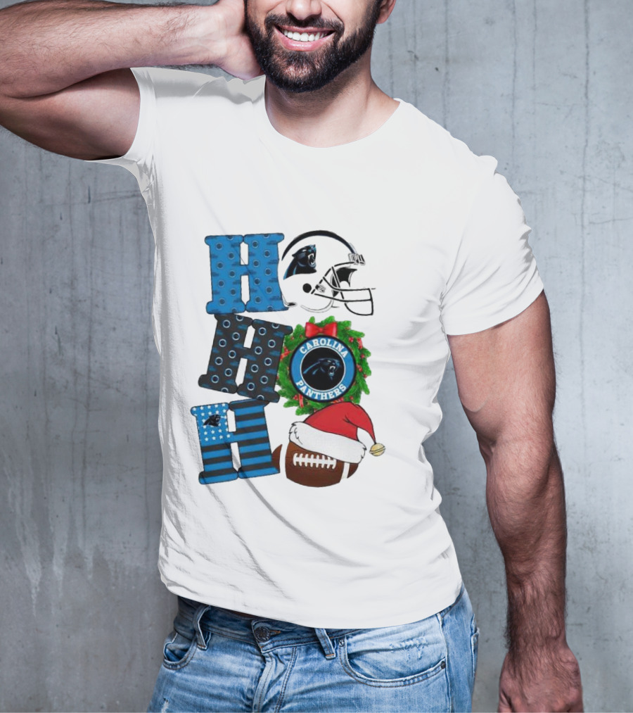 Carolina Panthers Ho Ho Ho Merry Christmas Football Helmet Wreath Santa Hat T-Shirt