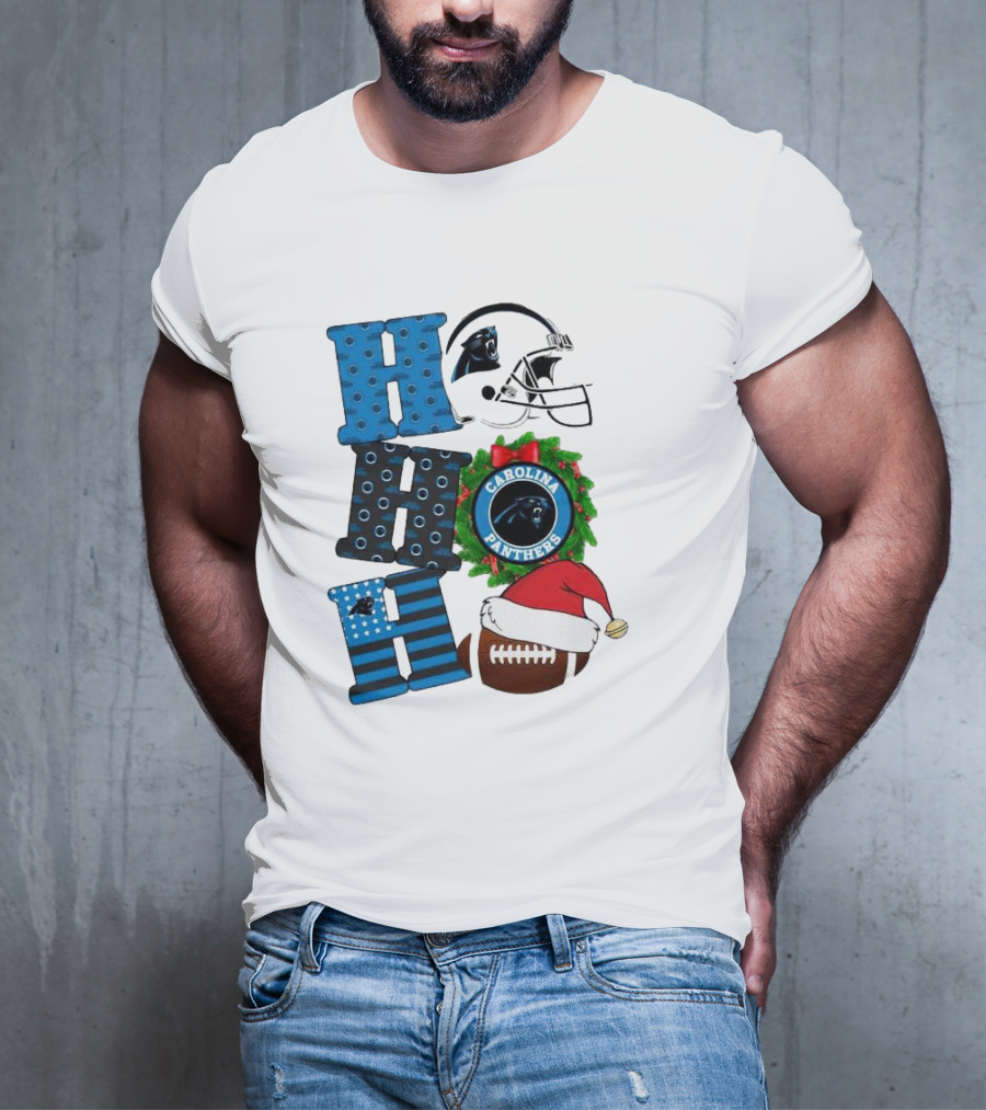 Carolina Panthers Ho Ho Ho Merry Christmas Football Helmet Wreath Santa Hat T-Shirt