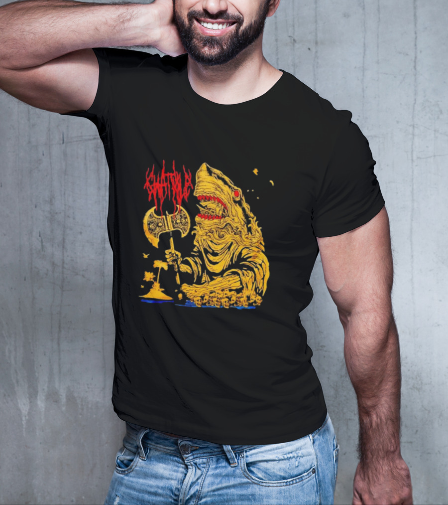 Chat Pile Shark With Axe On Tropical Beach T-Shirt