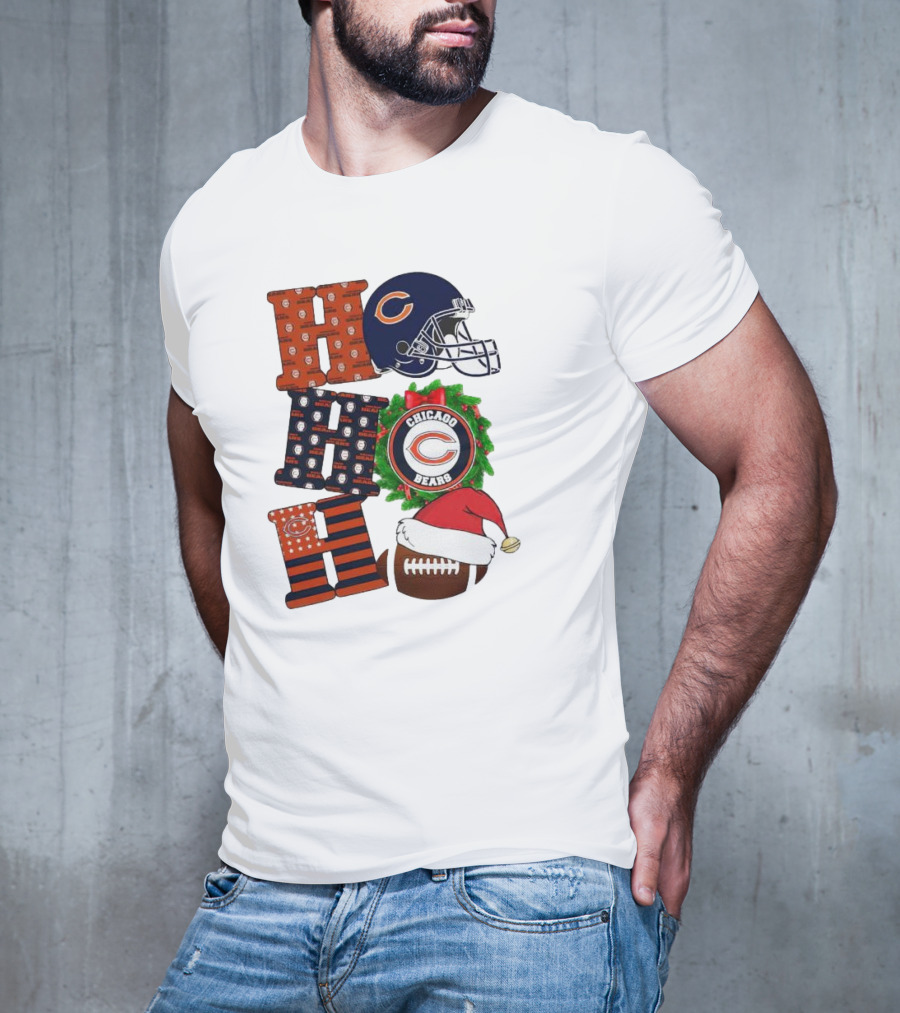 Chicago Bears Ho Ho Ho Merry Christmas Football Helmet Wreath Santa Hat T-Shirt