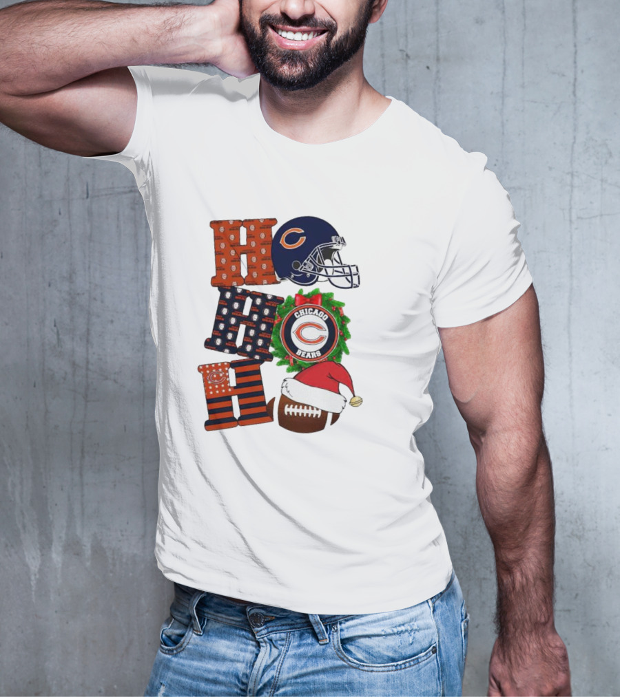 Chicago Bears Ho Ho Ho Merry Christmas Football Helmet Wreath Santa Hat T-Shirt