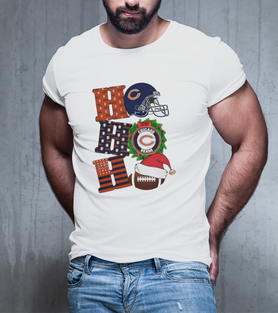 Chicago Bears Ho Ho Ho Merry Christmas Football Helmet Wreath Santa Hat T-Shirt